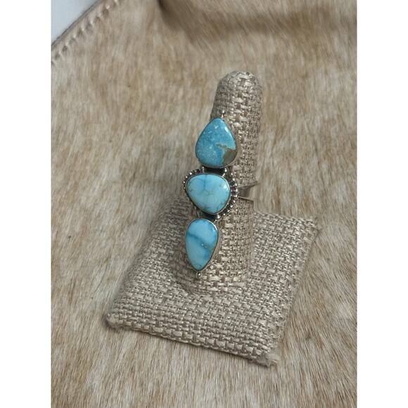 Long Native American Sterling Silver Blue Ridge Turquoise 3 Stone Ring Adjust - Picture 9 of 11